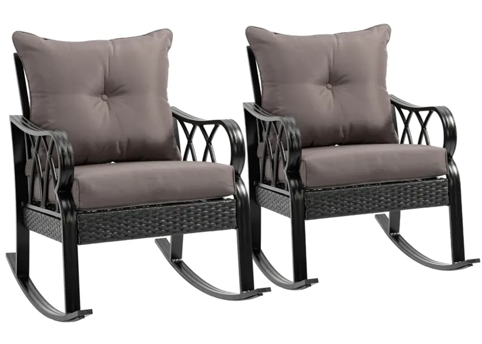 Outsunny 2 Piece Outdoor Wicker Rocking Chairs with Padded Cushions, Aluminum Furniture Rattan Porch Rocker Chairs w/ Armrest for Garden, Patio, and Backyard, Gray