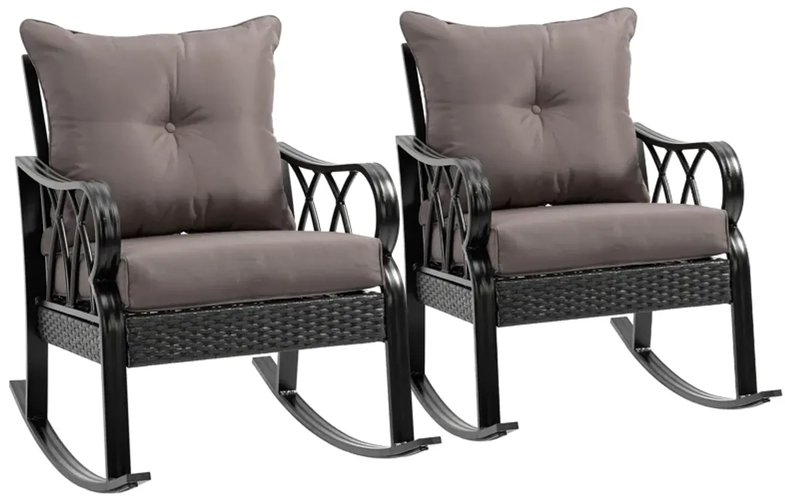 Outsunny 2 Piece Outdoor Wicker Rocking Chairs with Padded Cushions, Aluminum Furniture Rattan Porch Rocker Chairs w/ Armrest for Garden, Patio, and Backyard, Gray