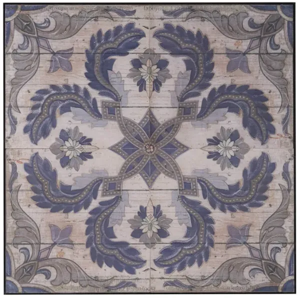 Lina 48 Inch Blooming Wall Art Tile, Square, Floral Mandala, Blue, Ivory - Benzara