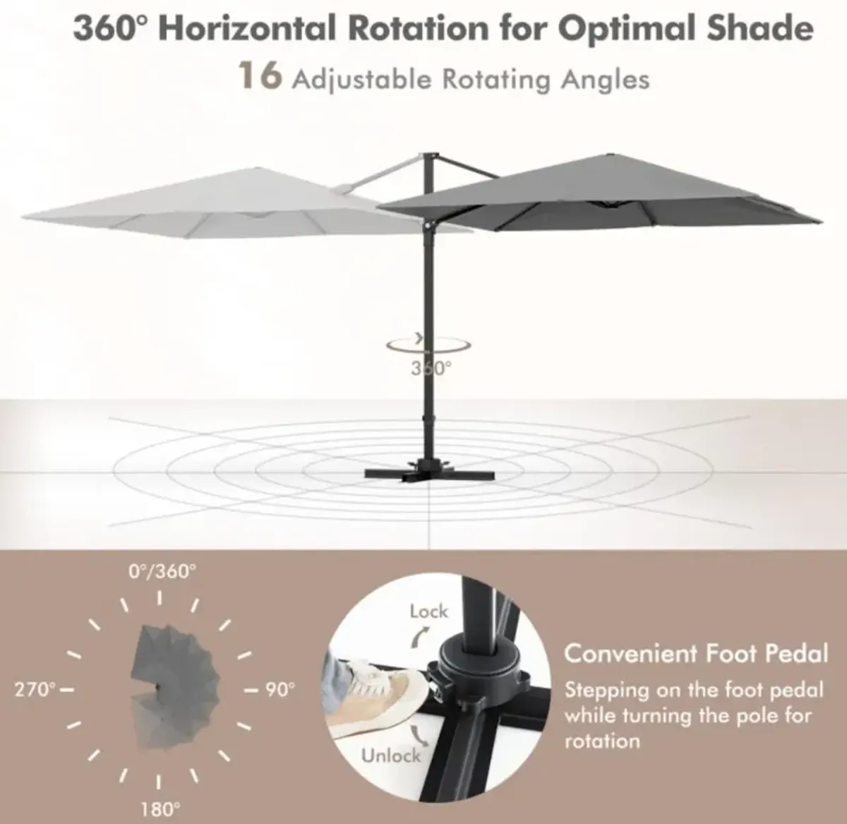 Hivvago 9.5 Feet Square Patio Cantilever Umbrella with 360° Rotation