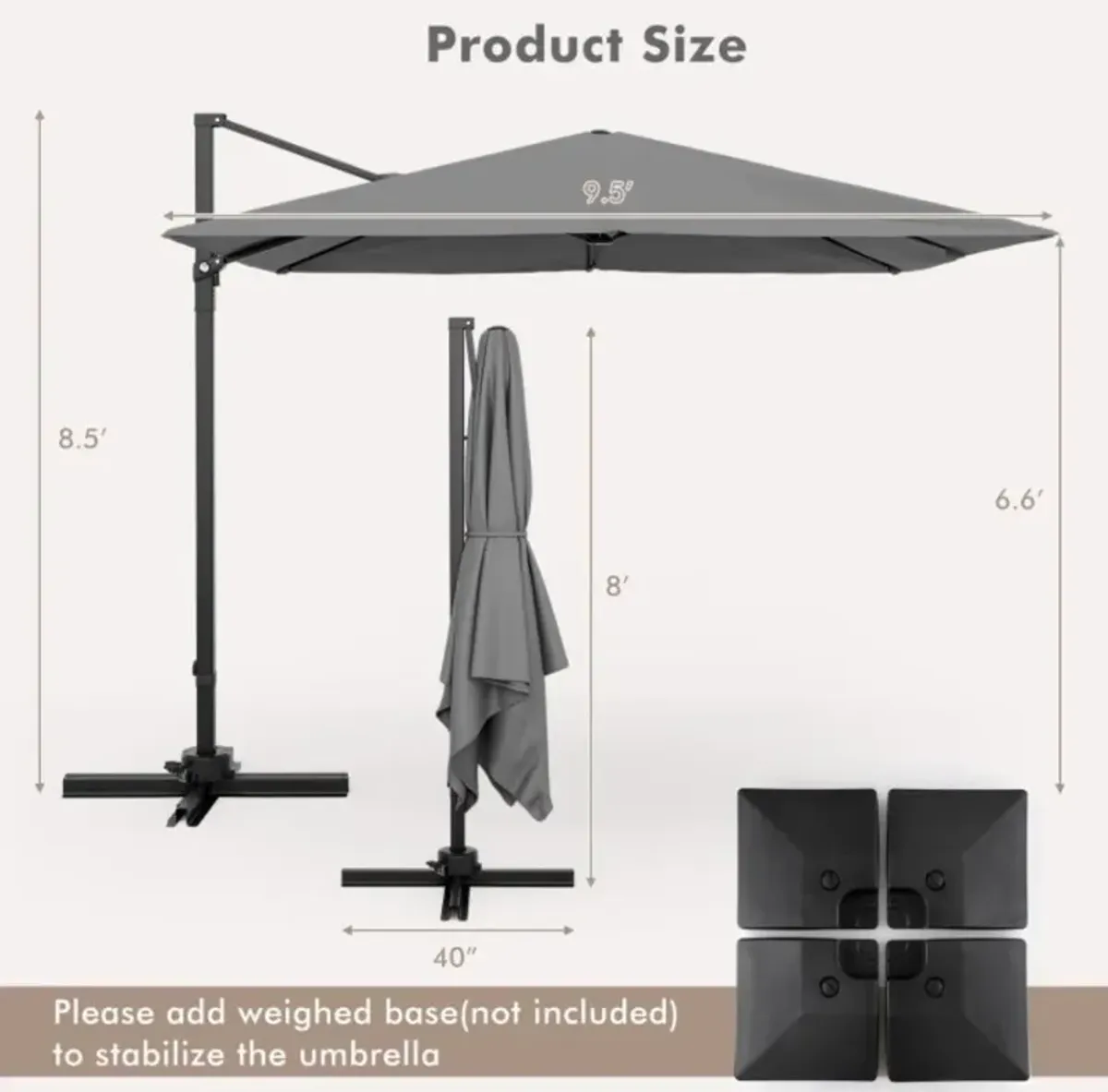 Hivvago 9.5 Feet Square Patio Cantilever Umbrella with 360° Rotation