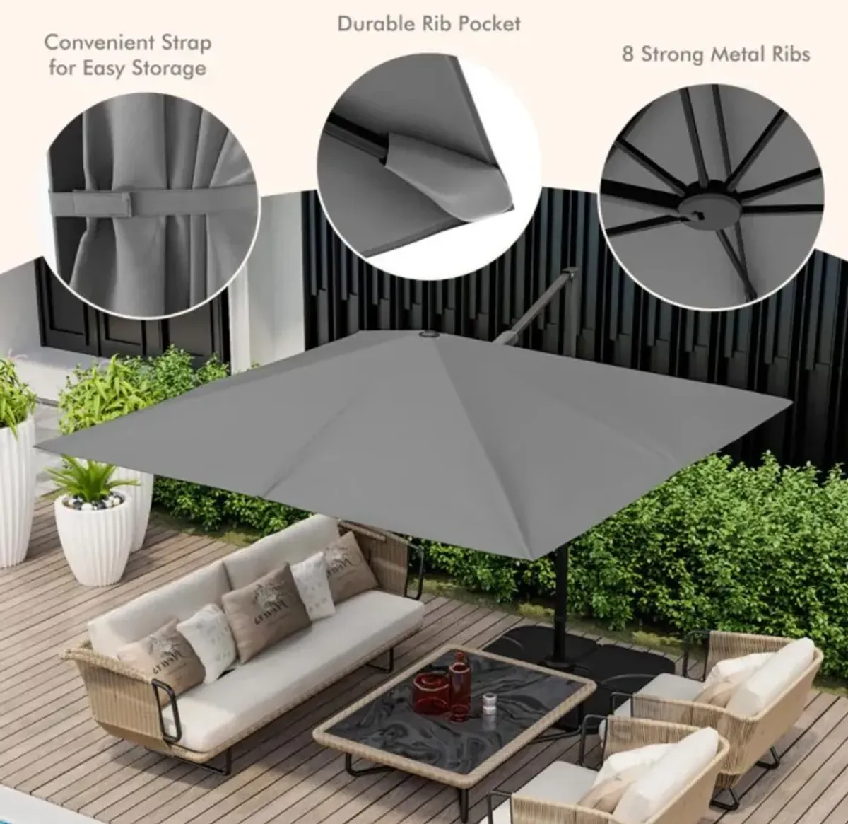 Hivvago 9.5 Feet Square Patio Cantilever Umbrella with 360° Rotation