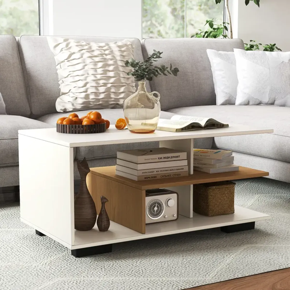 Rectangular Coffee Table with L-shaped Middle Shelf