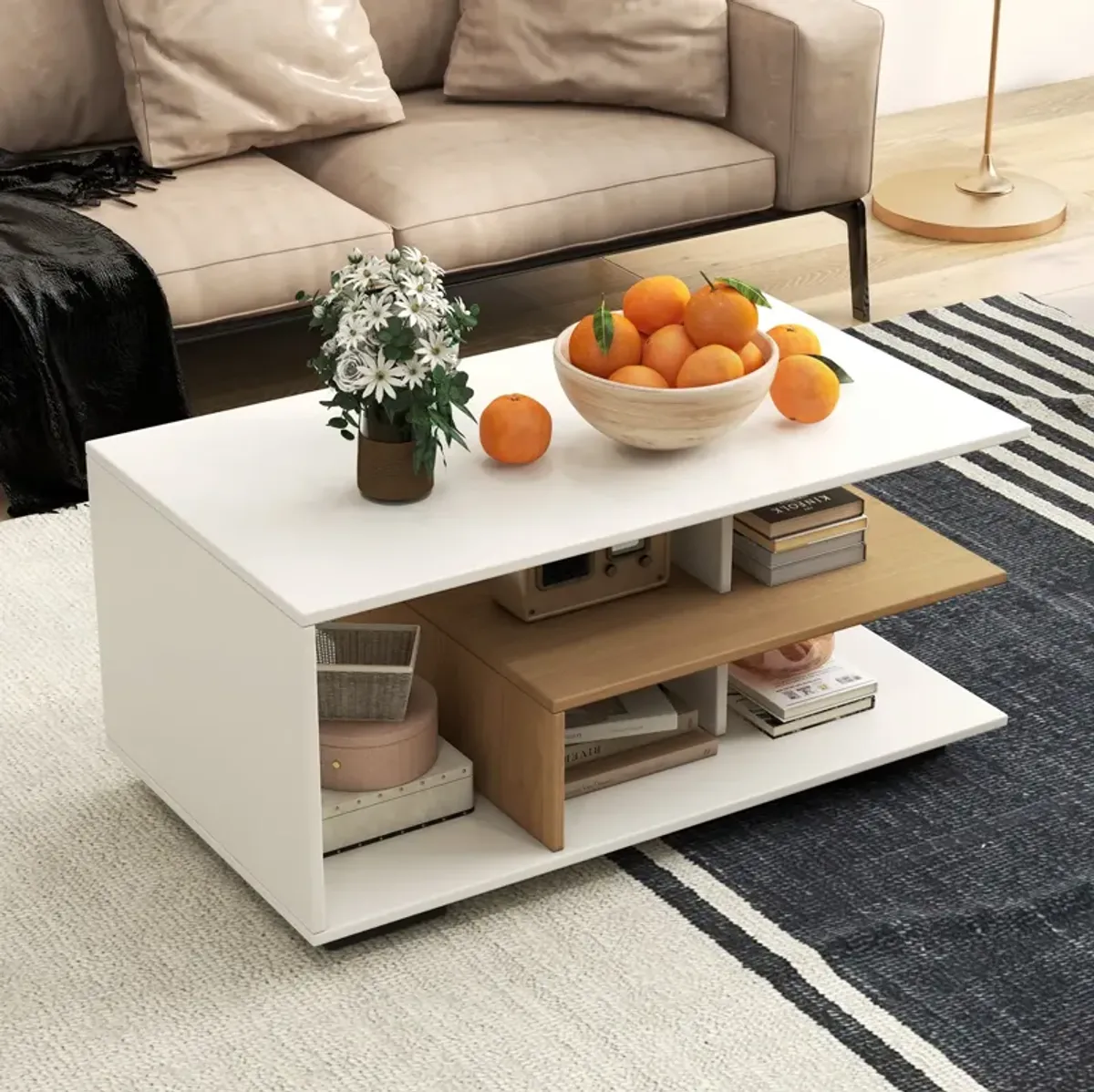 Rectangular Coffee Table with L-shaped Middle Shelf