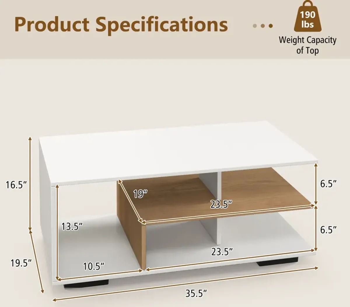 Rectangular Coffee Table with L-shaped Middle Shelf