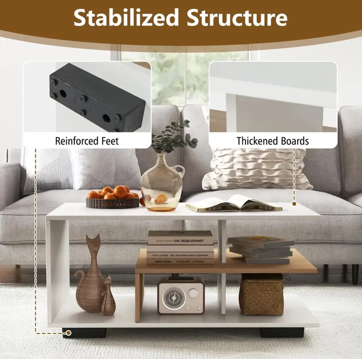 Rectangular Coffee Table with L-shaped Middle Shelf