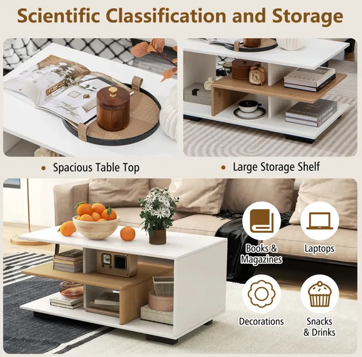 Rectangular Coffee Table with L-shaped Middle Shelf