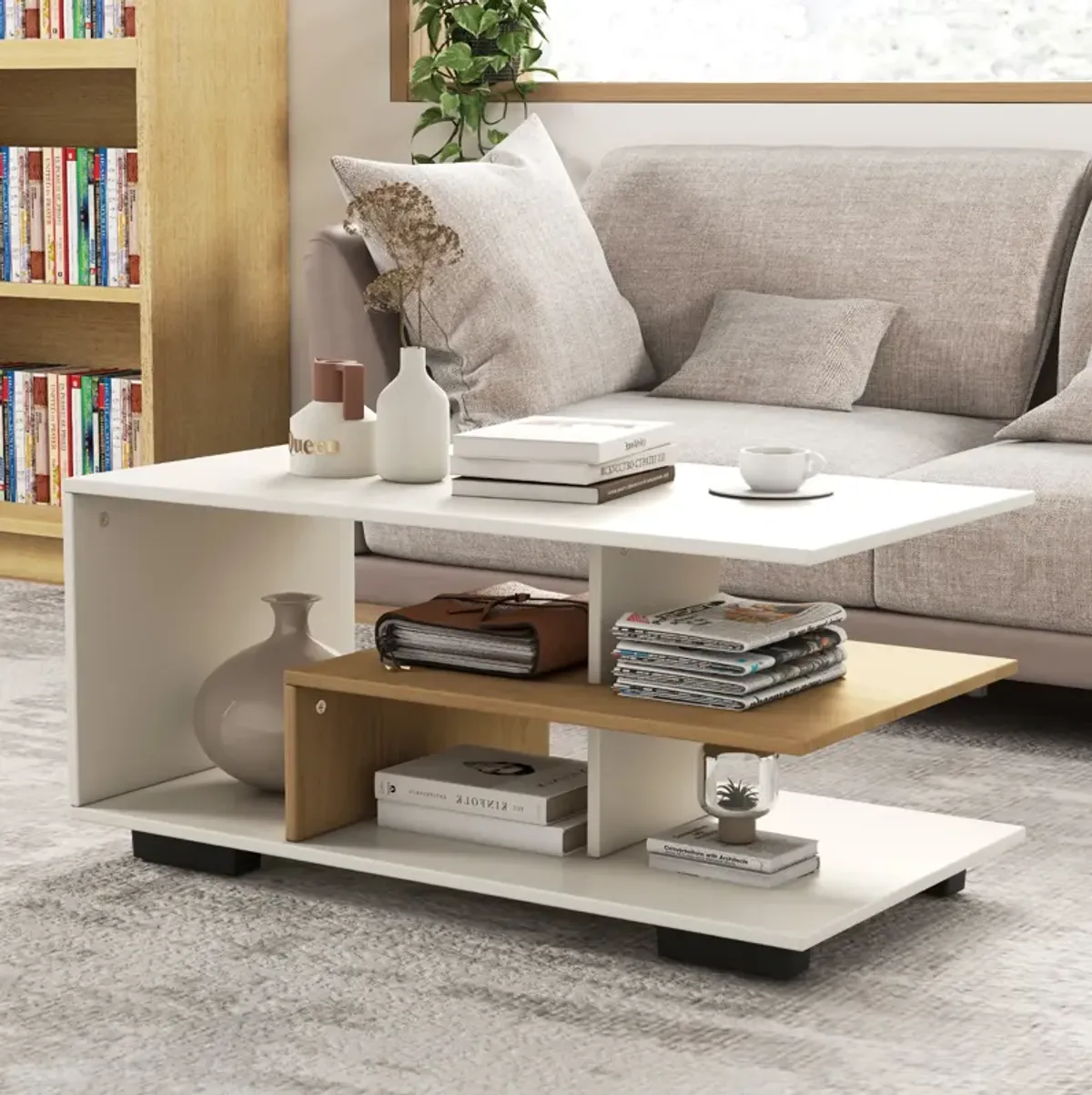 Rectangular Coffee Table with L-shaped Middle Shelf