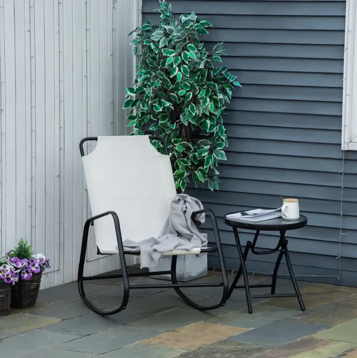 Cream Outdoor Relaxer: White Sling Rocking Chair for Patio