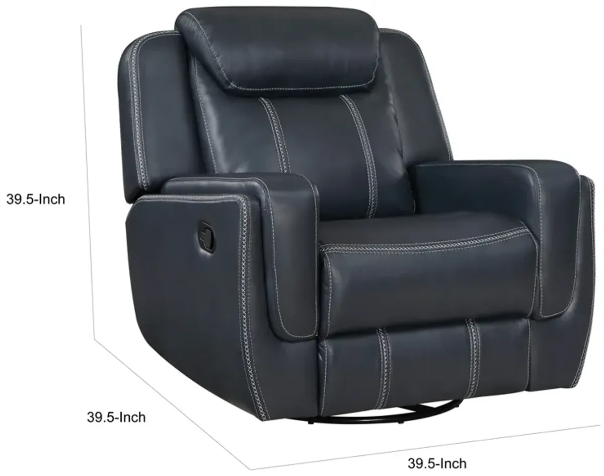 Louise 40 Inch Swivel Glider Manual Recliner Chair, Blue Faux Leather - Benzara