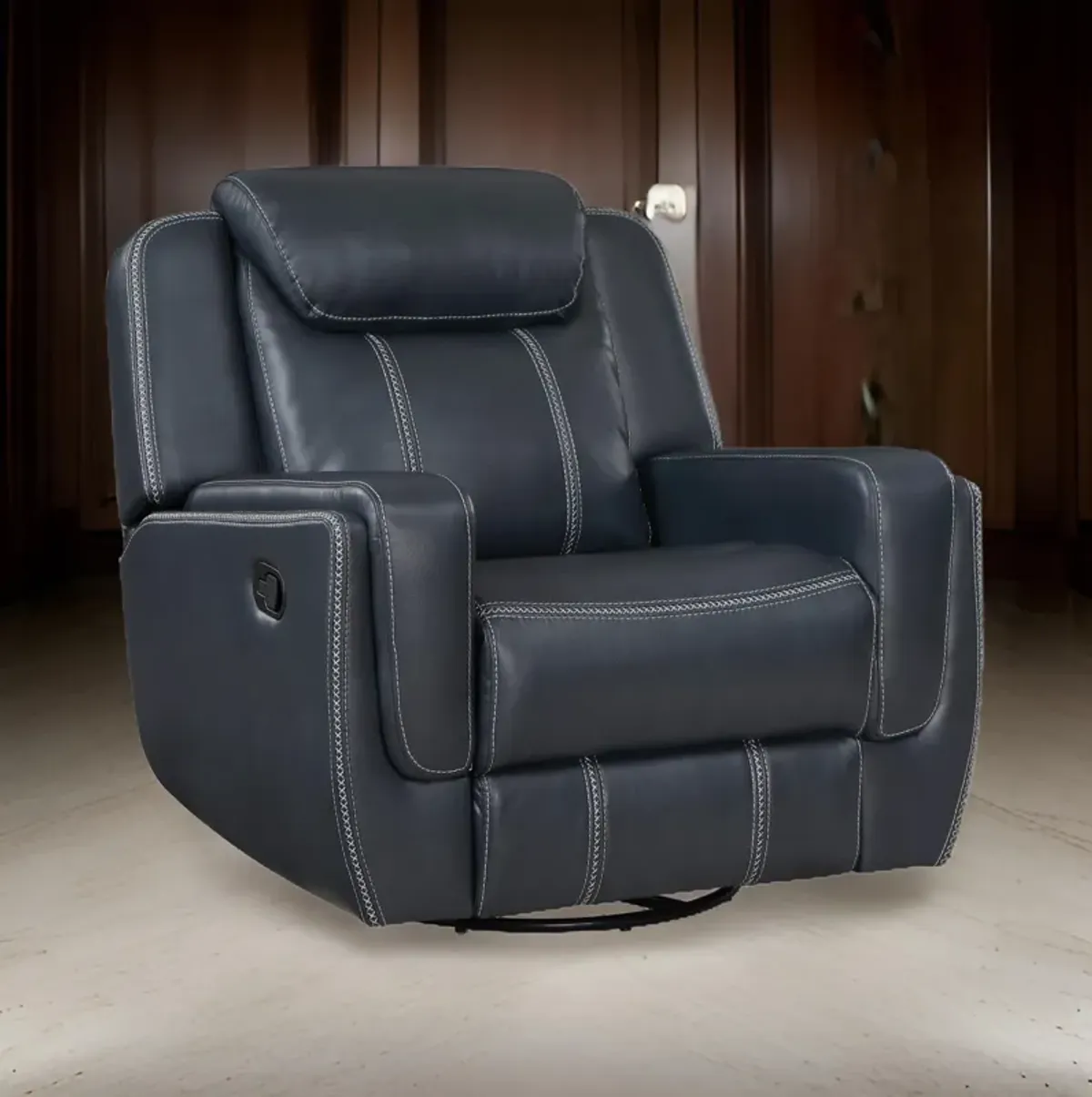 Louise 40 Inch Swivel Glider Manual Recliner Chair, Blue Faux Leather - Benzara