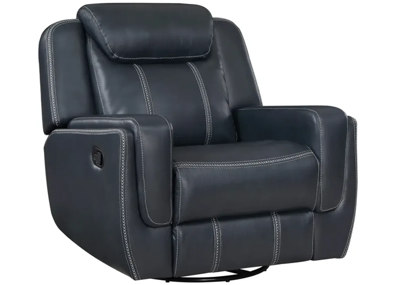 Louise 40 Inch Swivel Glider Manual Recliner Chair, Blue Faux Leather - Benzara