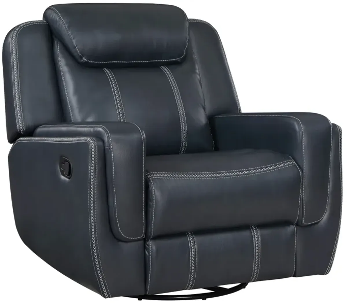 Louise 40 Inch Swivel Glider Manual Recliner Chair, Blue Faux Leather - Benzara