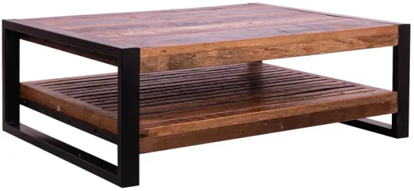 40 Inch Rectangular Reclaimed Wood Coffee Table, Planked Bottom Shelf, Multicolor-Benzara