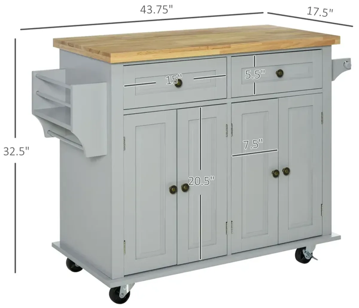 Gray Kitchen Assistant: Rolling Island with Rubber Wood Top and Storage