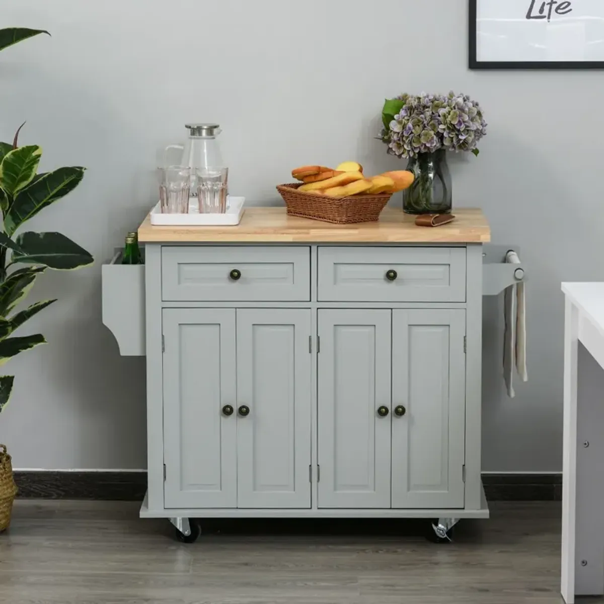 Gray Kitchen Assistant: Rolling Island with Rubber Wood Top and Storage