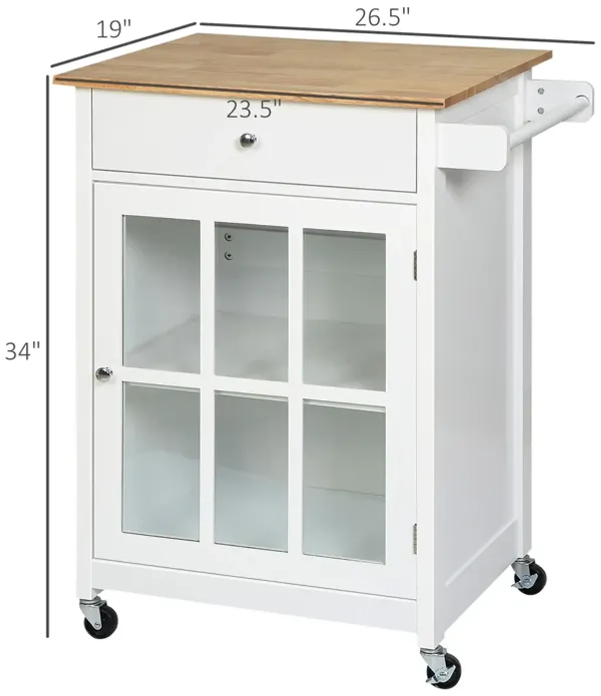 White Kitchen Trolley: Mobile Cart with Glass Door and Towel Holder