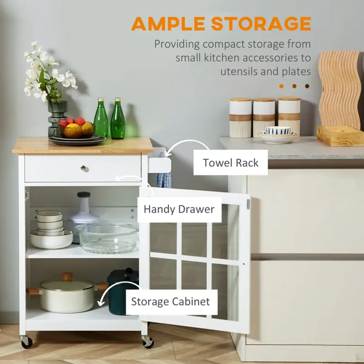 White Kitchen Trolley: Mobile Cart with Glass Door and Towel Holder