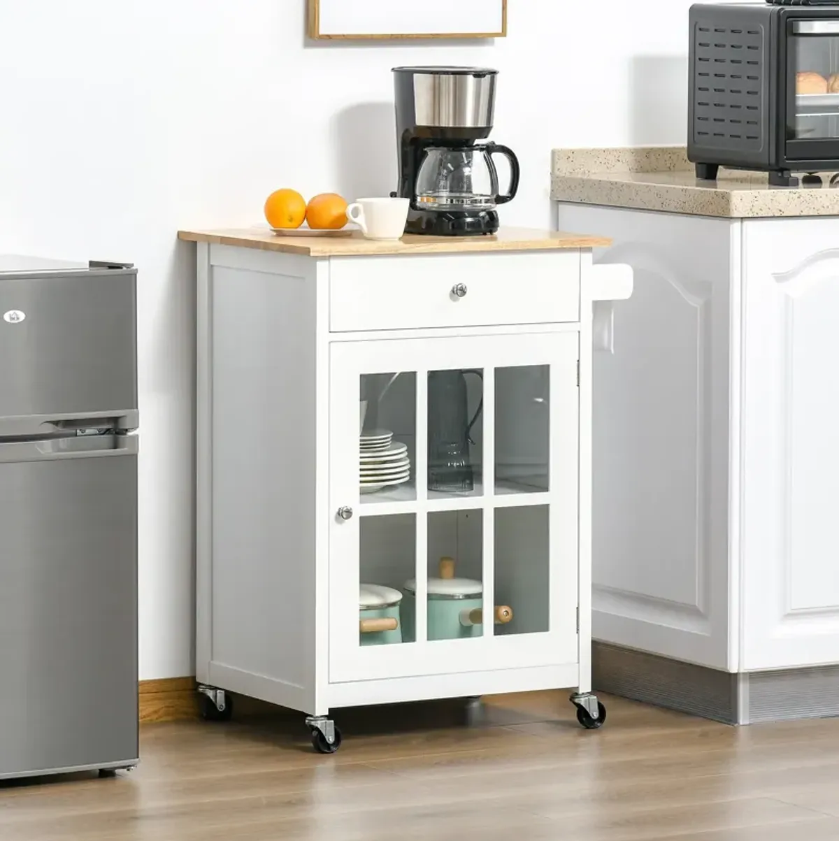 White Kitchen Trolley: Mobile Cart with Glass Door and Towel Holder