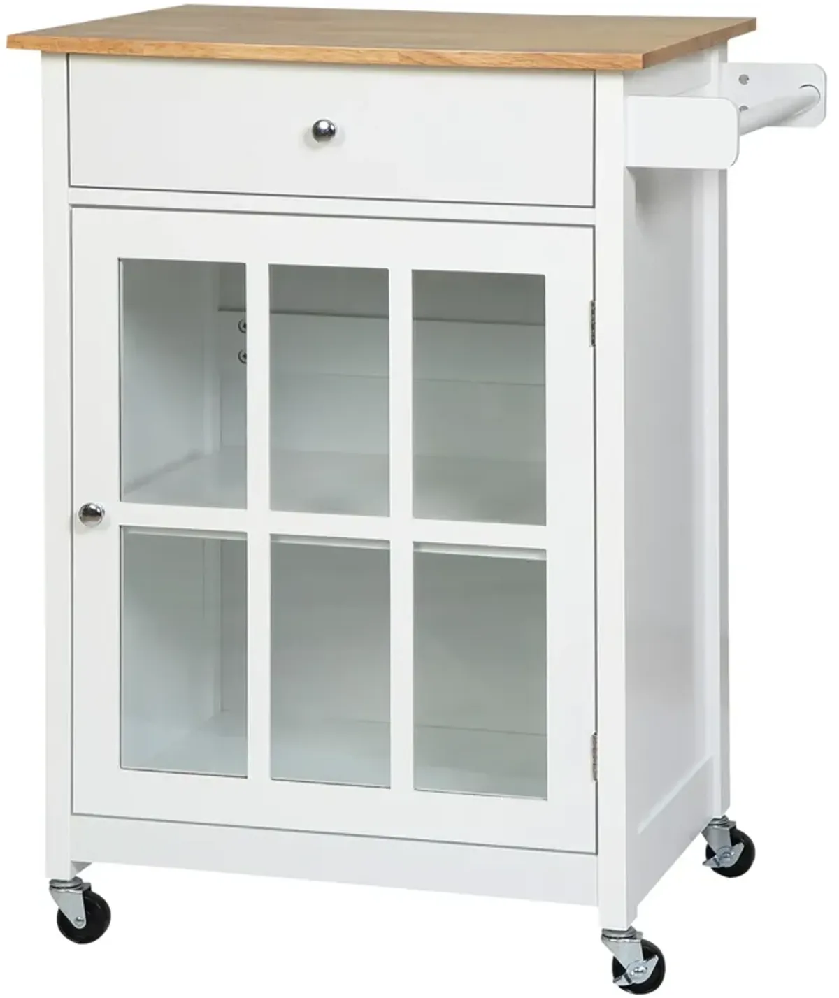 White Kitchen Trolley: Mobile Cart with Glass Door and Towel Holder