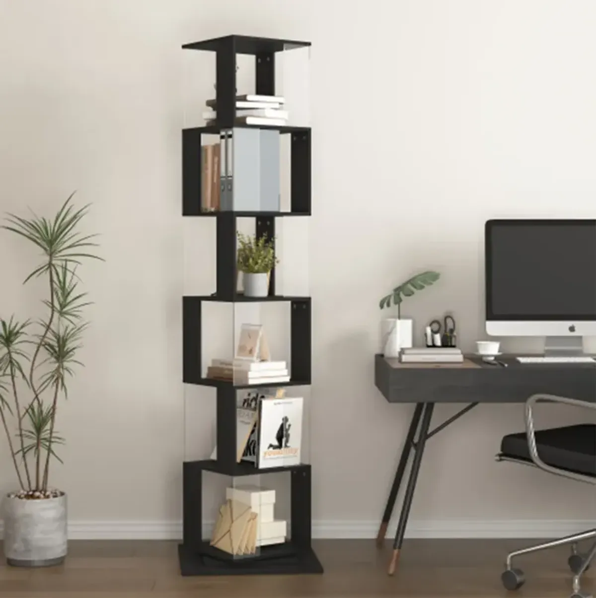 6 tier Rotating Bookshelf, Floor Rack Simple Bookcase with Acrylic plate Student Multi-Function Creative Bookshelf for Living Room