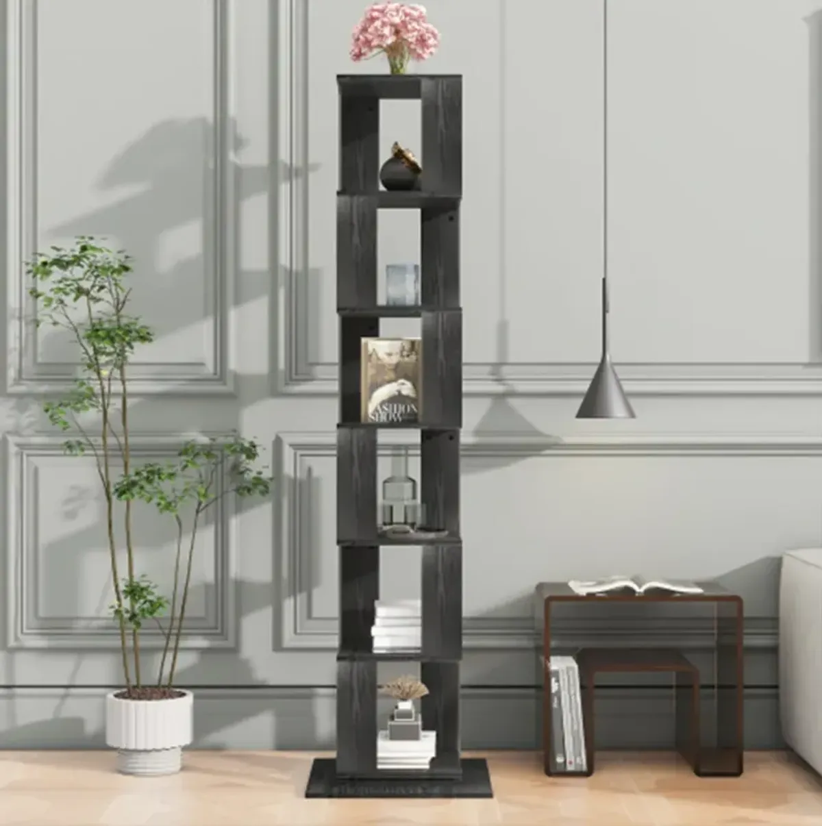 6 tier Rotating Bookshelf, Floor Rack Simple Bookcase with Acrylic plate Student Multi-Function Creative Bookshelf for Living Room