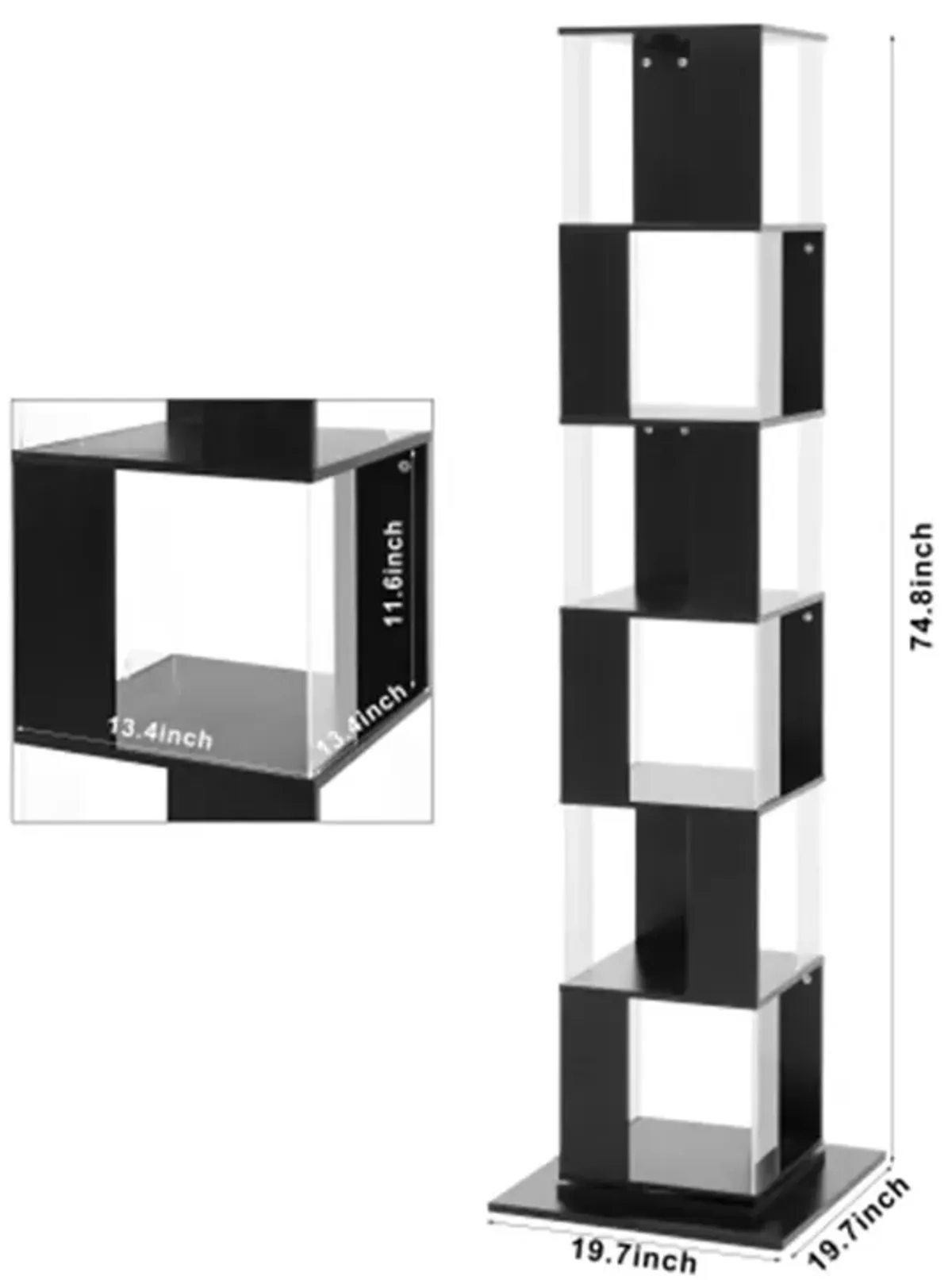 6 tier Rotating Bookshelf, Floor Rack Simple Bookcase with Acrylic plate Student Multi-Function Creative Bookshelf for Living Room