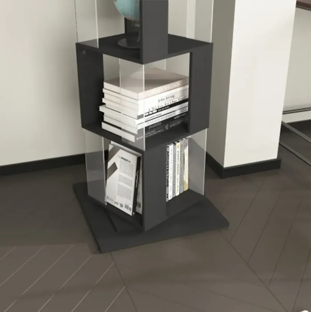 6 tier Rotating Bookshelf, Floor Rack Simple Bookcase with Acrylic plate Student Multi-Function Creative Bookshelf for Living Room