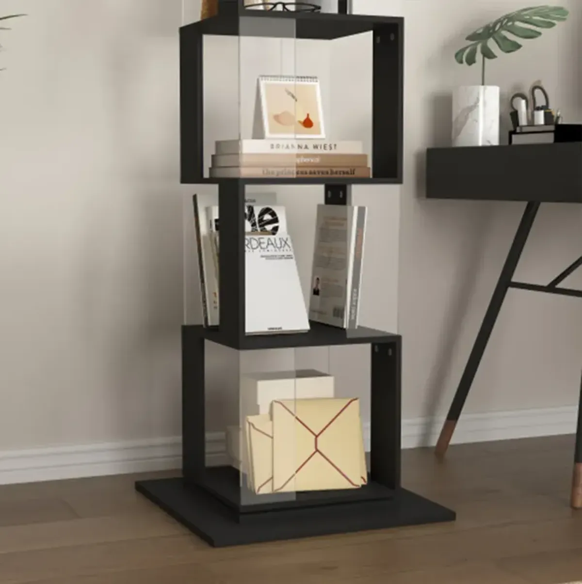 6 tier Rotating Bookshelf, Floor Rack Simple Bookcase with Acrylic plate Student Multi-Function Creative Bookshelf for Living Room