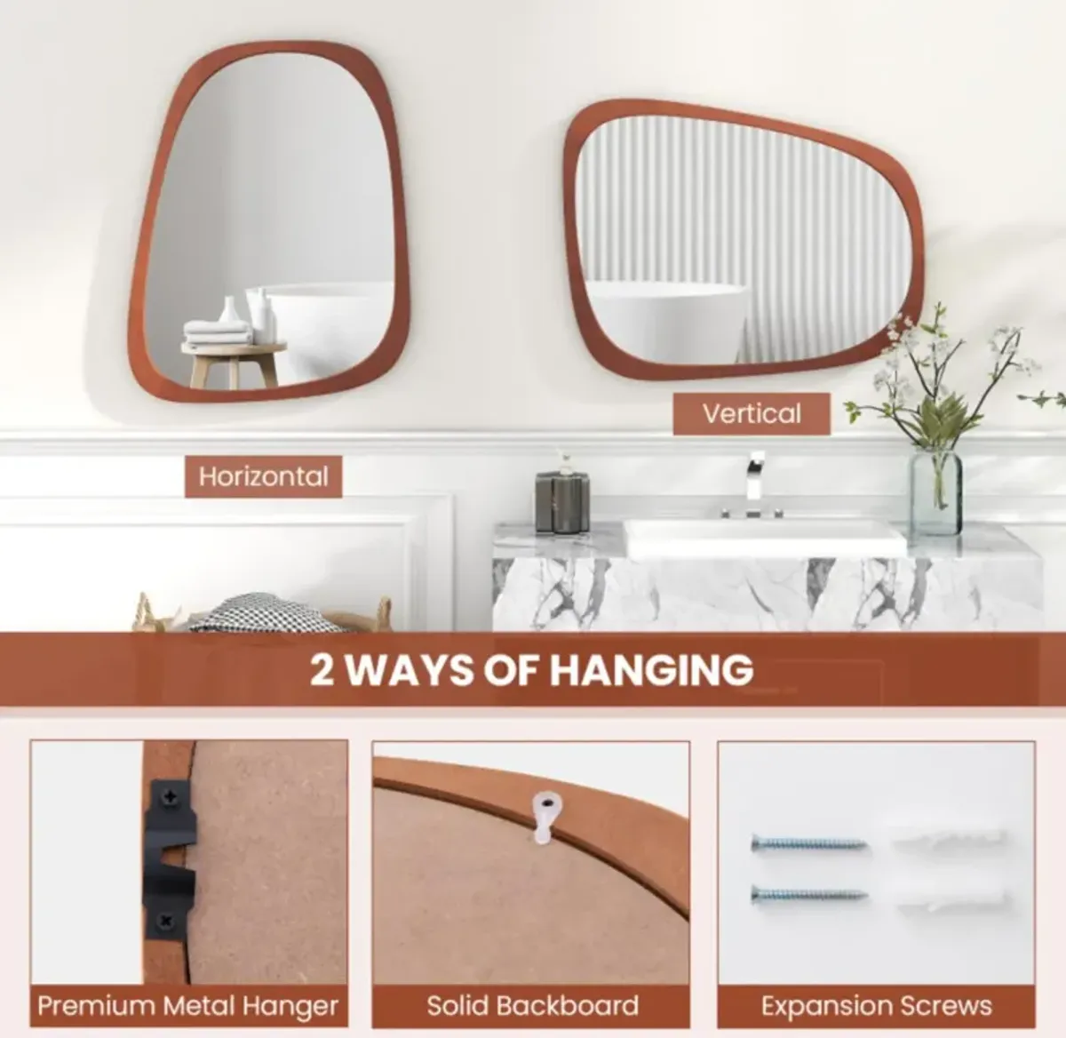 Hivvago Asymmetrical Abstract Irregular Shaped Wall Mirror with Rustic Frame