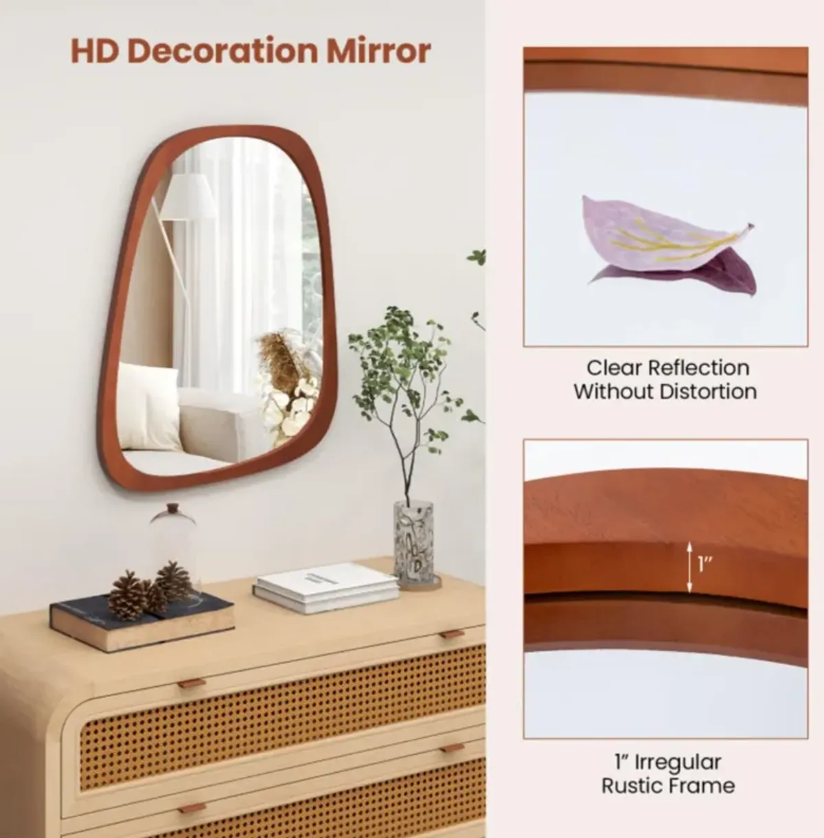 Hivvago Asymmetrical Abstract Irregular Shaped Wall Mirror with Rustic Frame