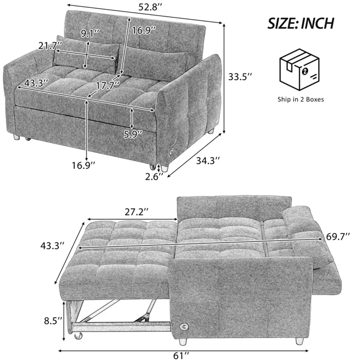 Merax Loveseat Sofa Pull-out Sleeper Sofa with 3 USB Ports