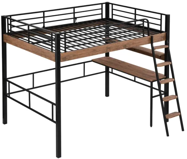 Whisen Metal Full Size Loft Bed with Built-in Desk and Storage Shelf and Ladder - Black