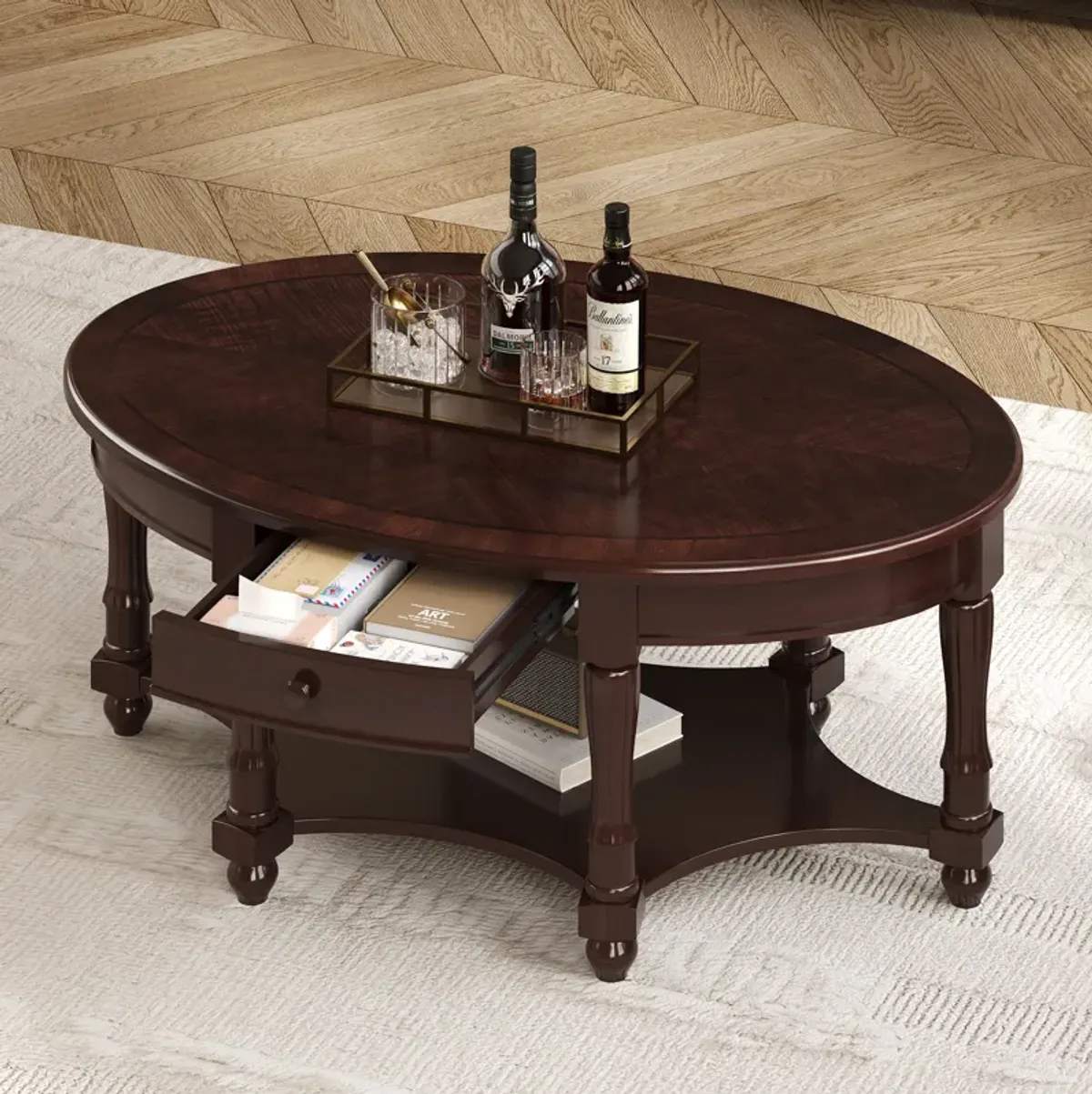 Merax 45" Vintage Oval Coffee Table with Drawer & Storage Shelf - French Country Cocktail Table for Living Room