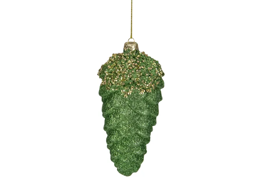 5.5" Green and Gold Glitter Beaded Pine Cone Christmas Ornament