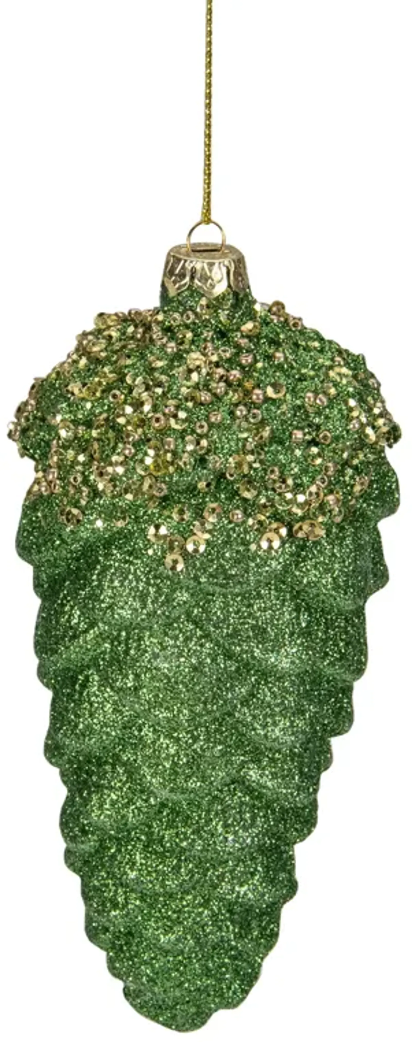 5.5" Green and Gold Glitter Beaded Pine Cone Christmas Ornament