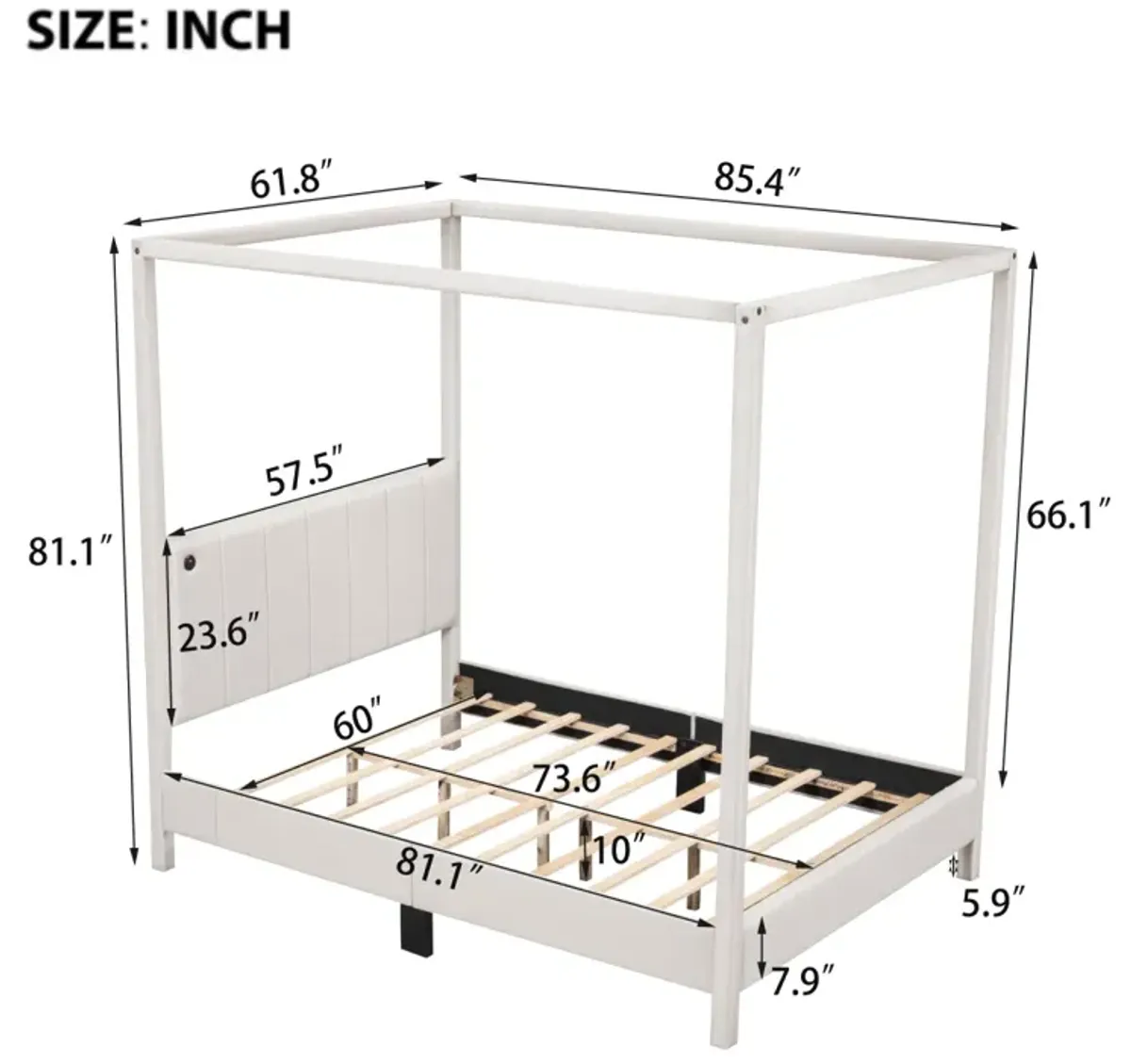 Queen Size Canopy Platform Bed With USB And Type C Ports, Canvas