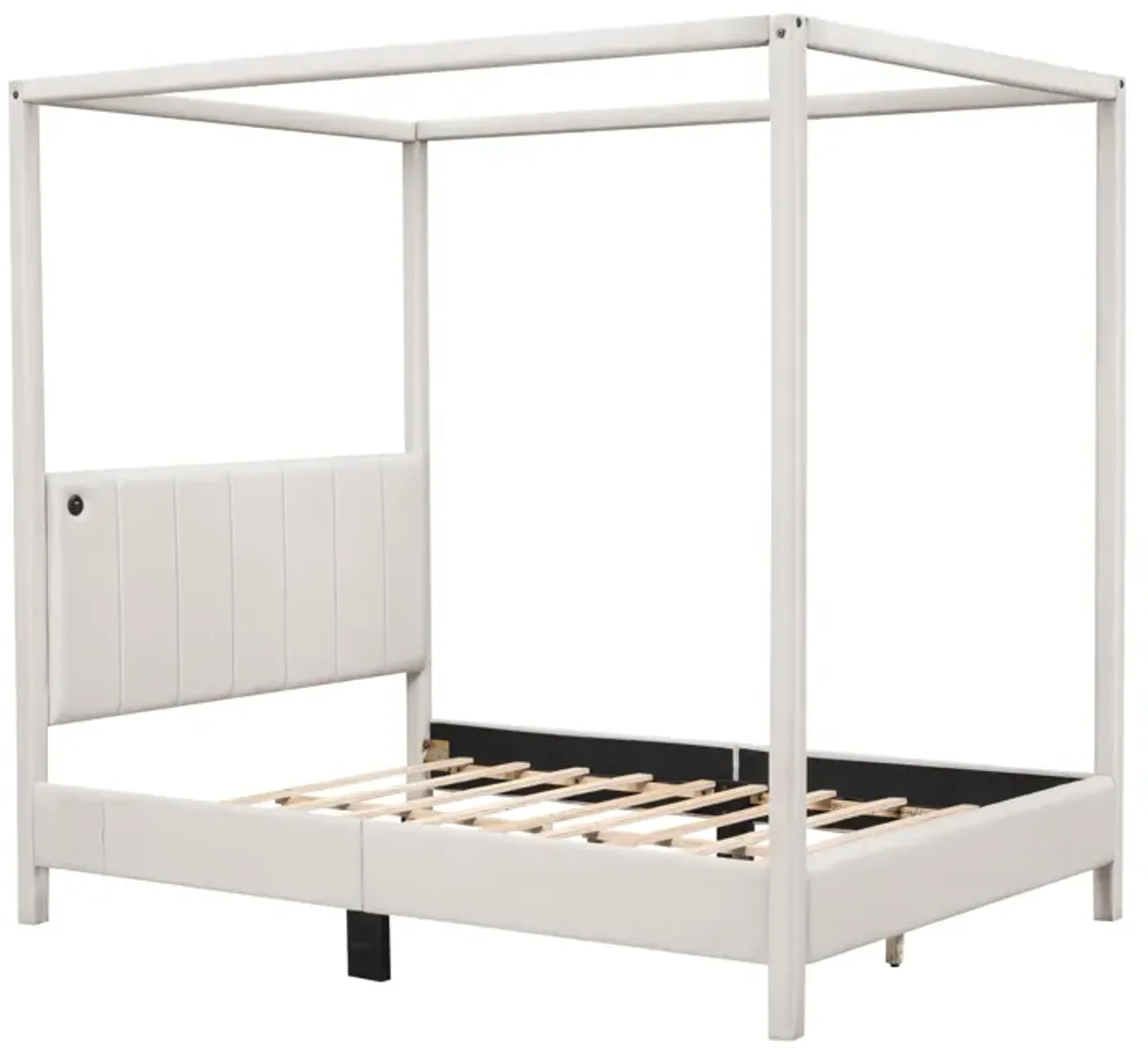 Queen Size Canopy Platform Bed With USB And Type C Ports, Canvas