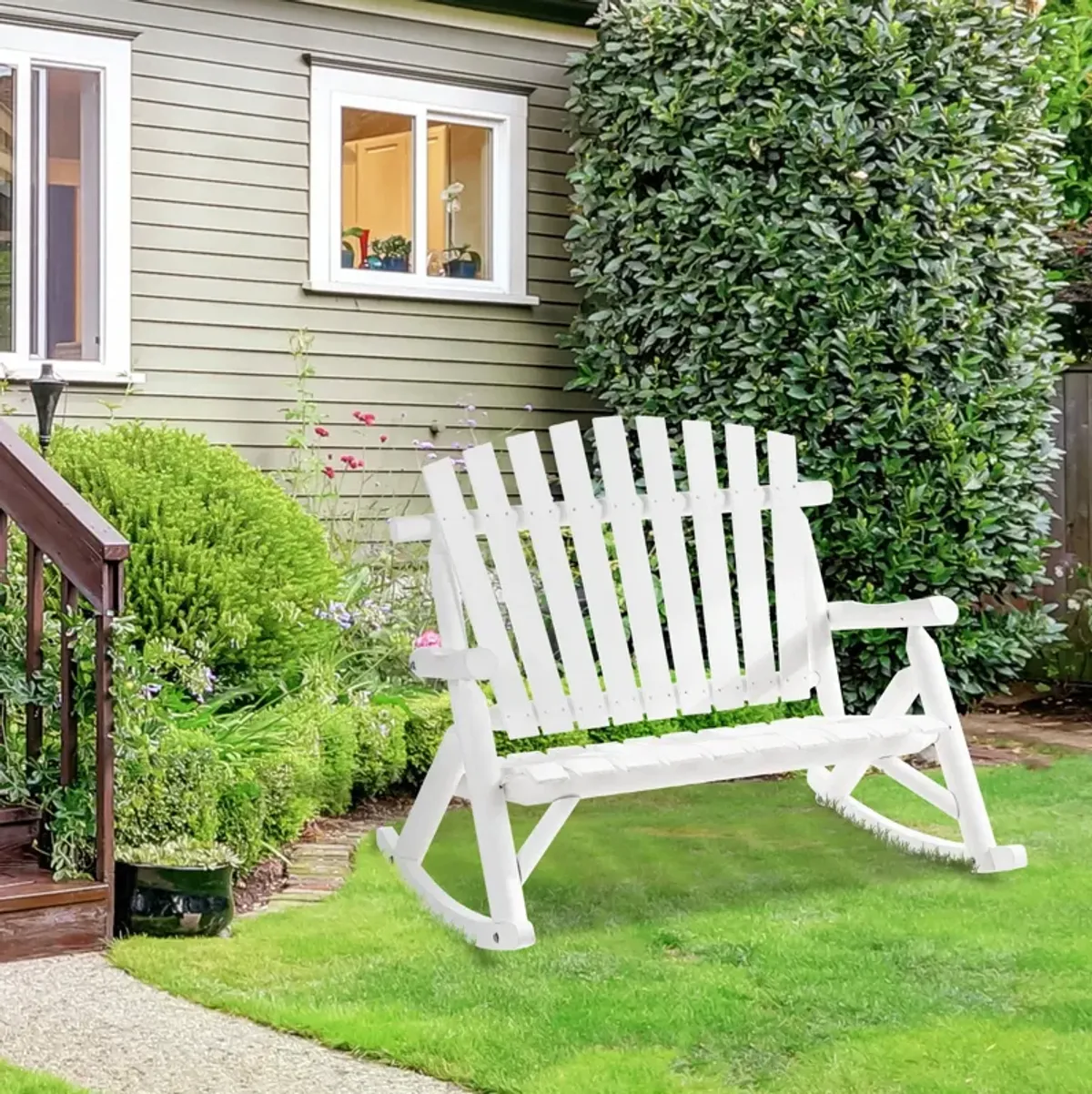 White Garden Duo: Adirondack 2-Seat Wooden Rocking Chair