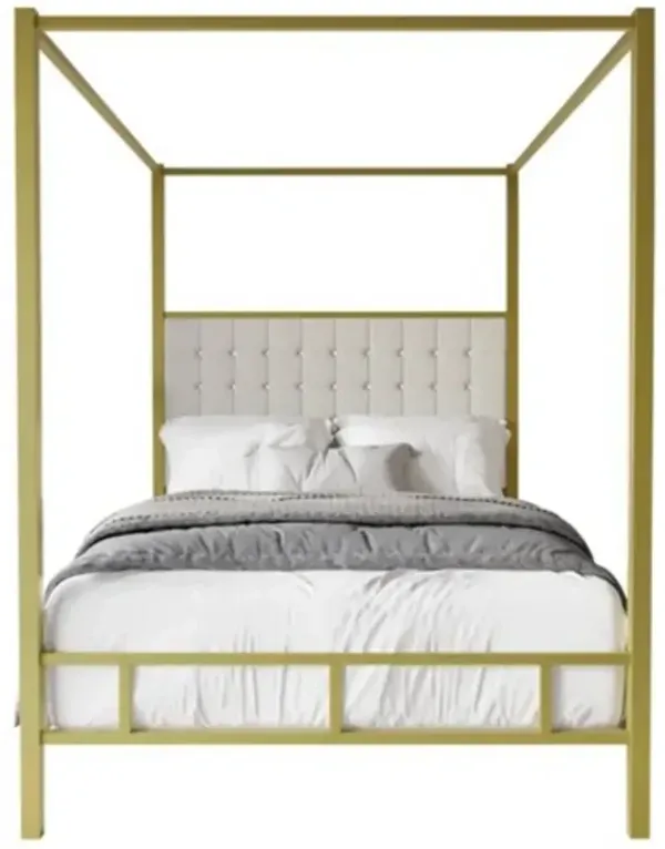Metal Canopy Bed with Upholstered Button-Tufted Headboard