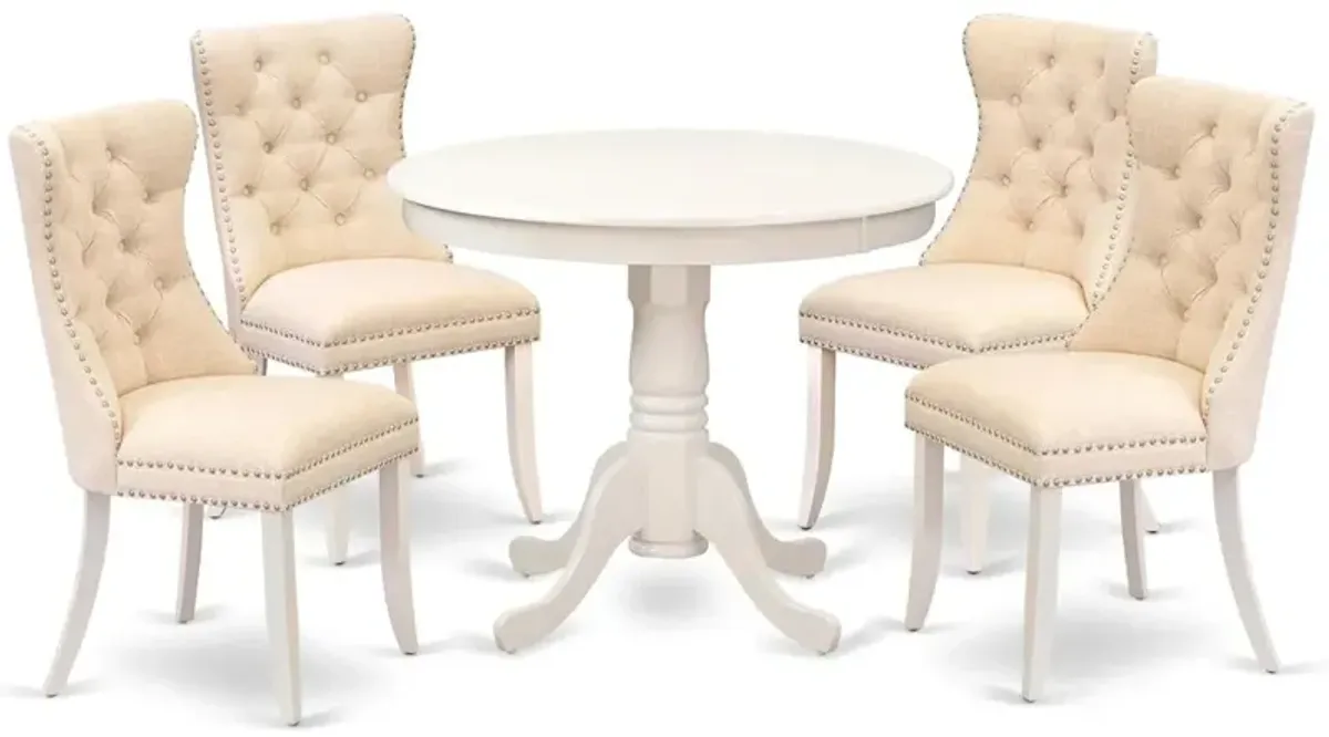 East West Furniture ANDA5-LWH-32 5 Piece Modern Dining Table Set Includes a Round Kitchen Table with Pedestal and 4 Parson Chairs, Linen White