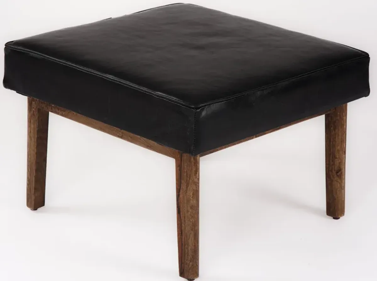 Handmade Eco-Friendly Geometric Buffalo Leather & Wood Black Square Ottomon Stool 24"x24"x16" From BBH Homes