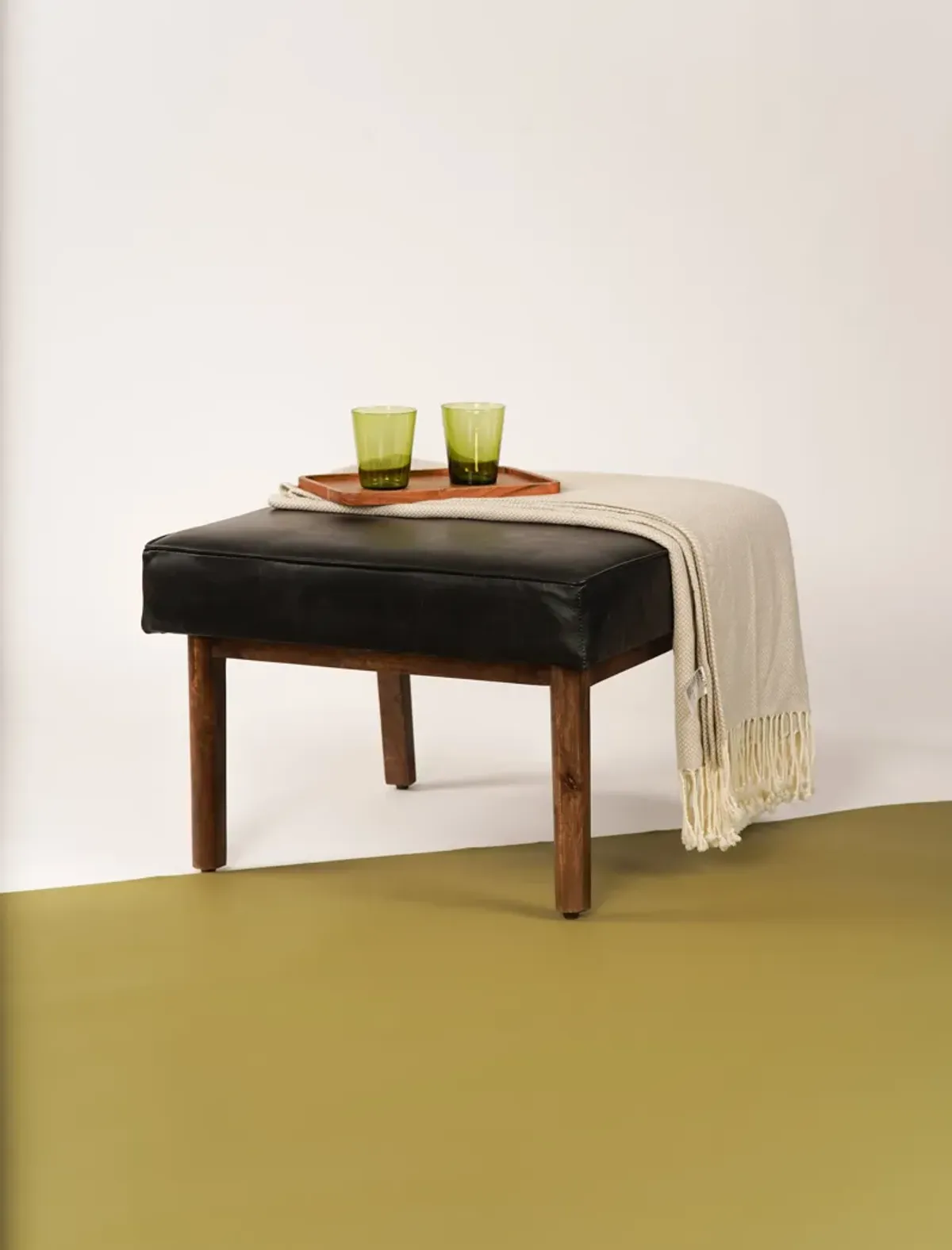 Handmade Eco-Friendly Geometric Buffalo Leather & Wood Black Square Ottomon Stool 24"x24"x16" From BBH Homes