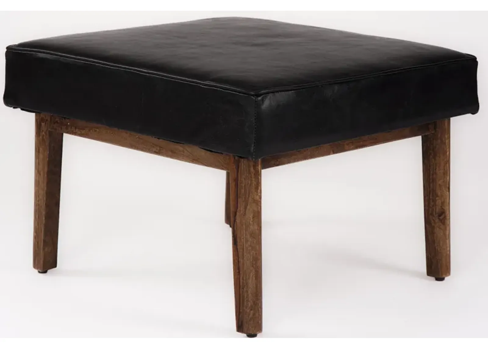 Handmade Eco-Friendly Geometric Buffalo Leather & Wood Black Square Ottomon Stool 24"x24"x16" From BBH Homes