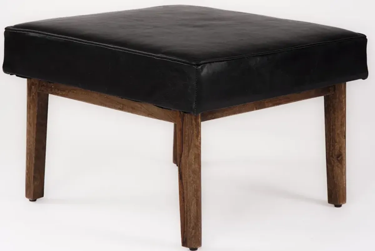 Handmade Eco-Friendly Geometric Buffalo Leather & Wood Black Square Ottomon Stool 24"x24"x16" From BBH Homes