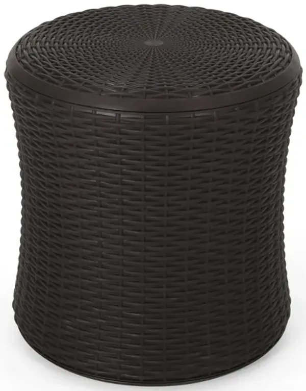Lifo Outdoor Table, Hidden Storage, 19 Inch, Brown Woven Polypropylene - Benzara