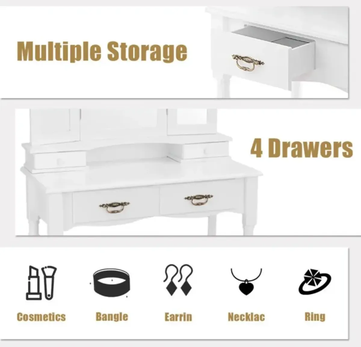 Hivvago Simple Vanity Set with Tri-Folding Mirror Drawers and Storage Shelf