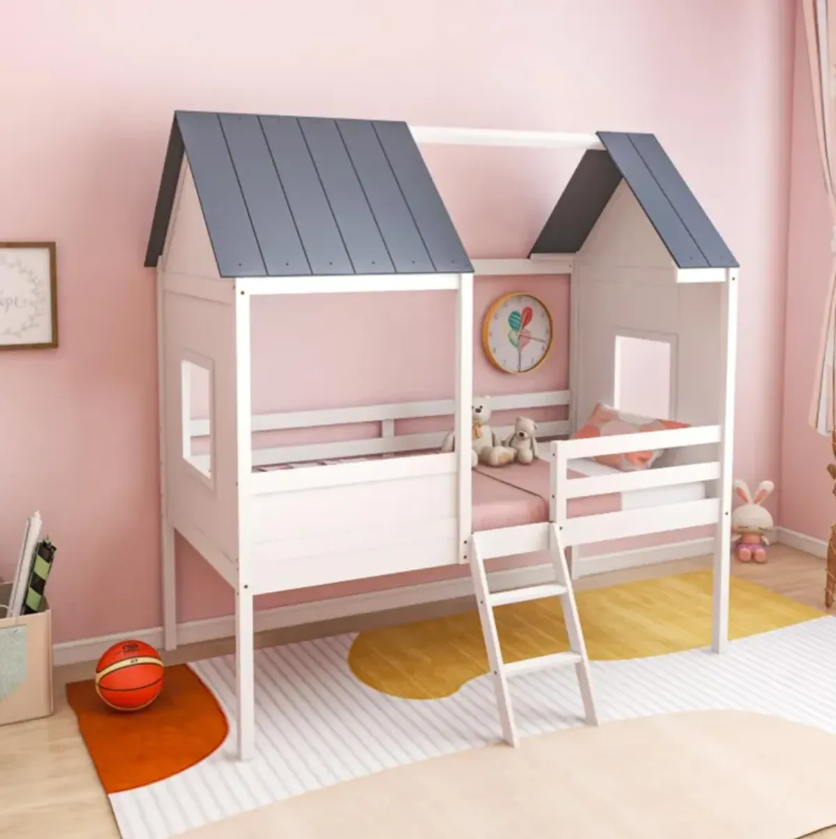 Hivvago Twin Size Kids House Bed Low Loft Bed Frame with Roof-White