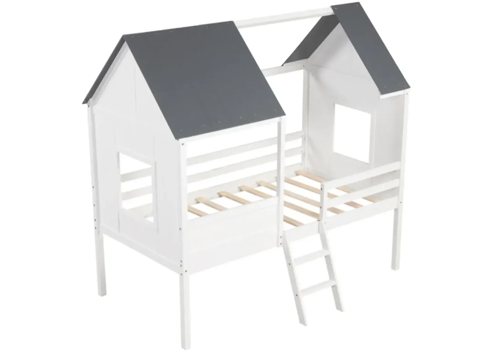 Hivvago Twin Size Kids House Bed Low Loft Bed Frame with Roof-White