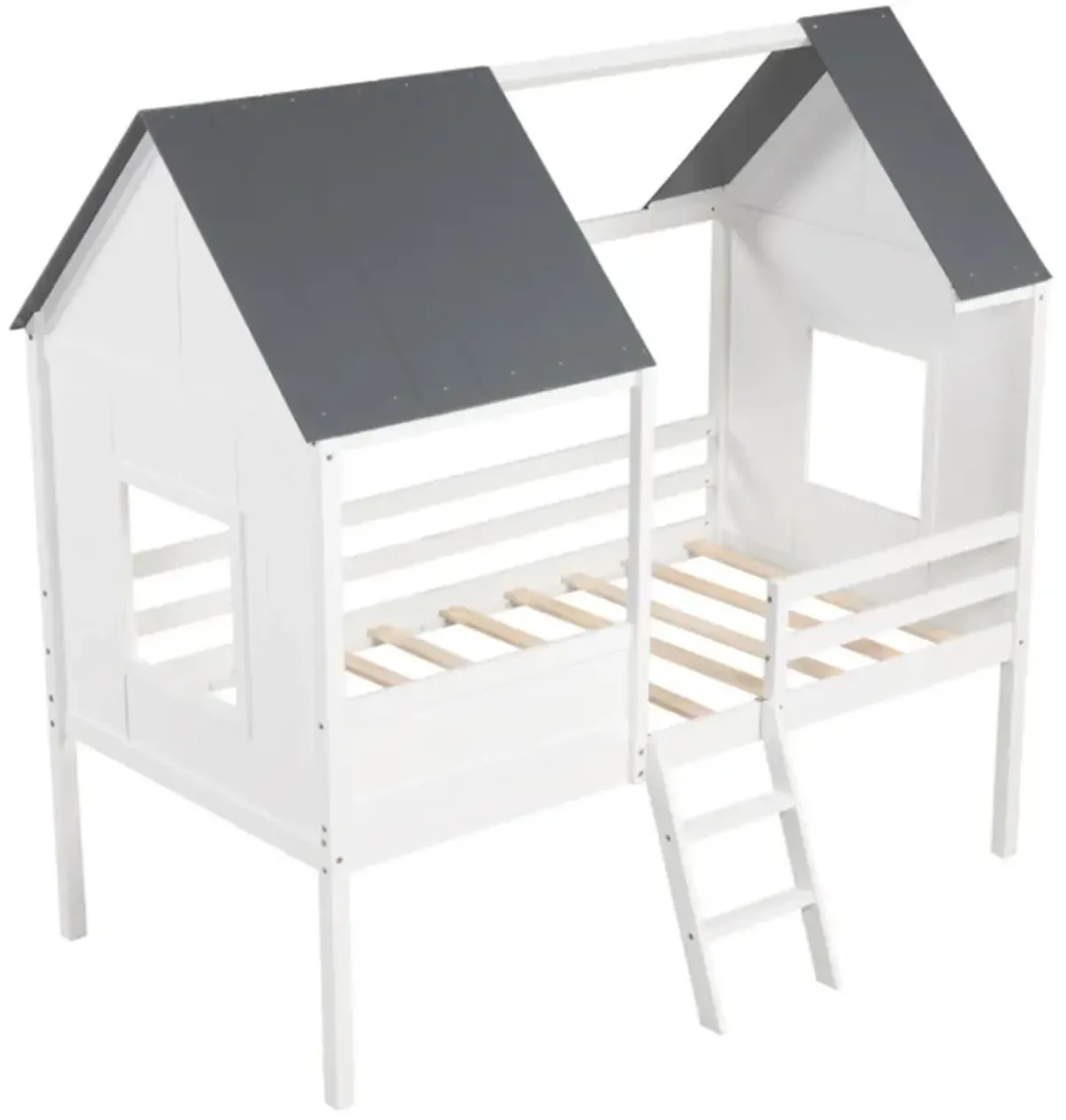 Hivvago Twin Size Kids House Bed Low Loft Bed Frame with Roof-White